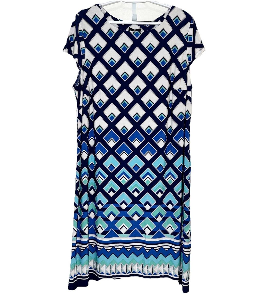 R&K Women 16W Shift Dress Blue Geometric Short Sleeve NWT Plus Size